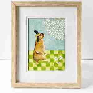 Rabbit art in watercolour with a light wood frame