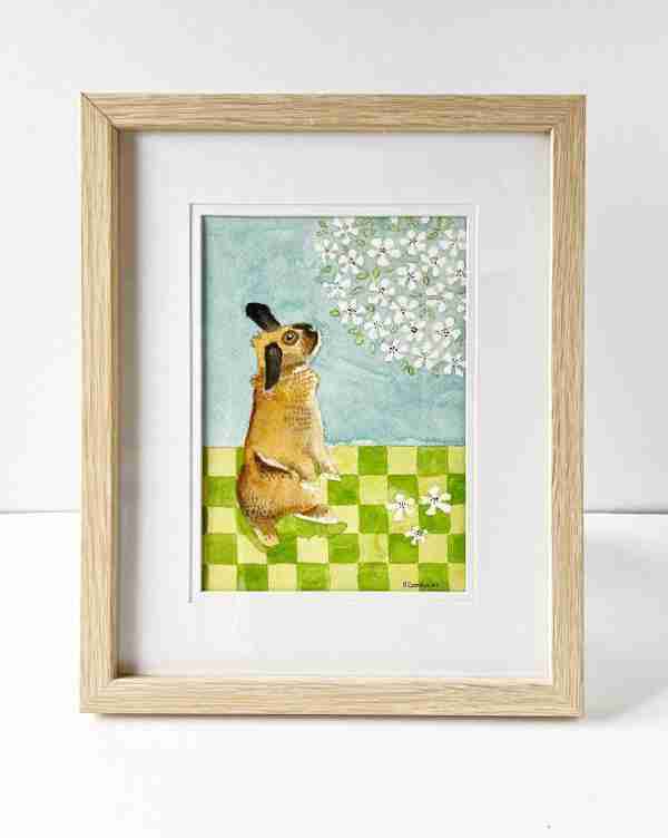 Rabbit art in watercolour with a light wood frame