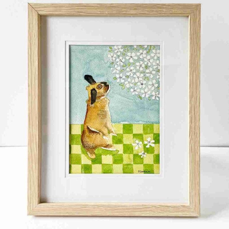 Rabbit art in watercolour with a light wood frame