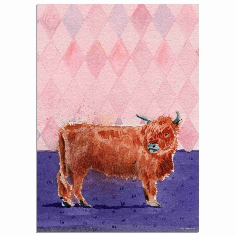 Highland cow art print featuring one of these splendid animals against a pink diamond shape background design.