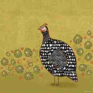 guinea fowl illustration with nasturtiums on a green background