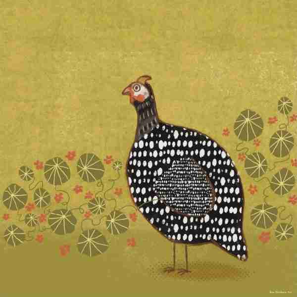 guinea fowl illustration with nasturtiums on a green background