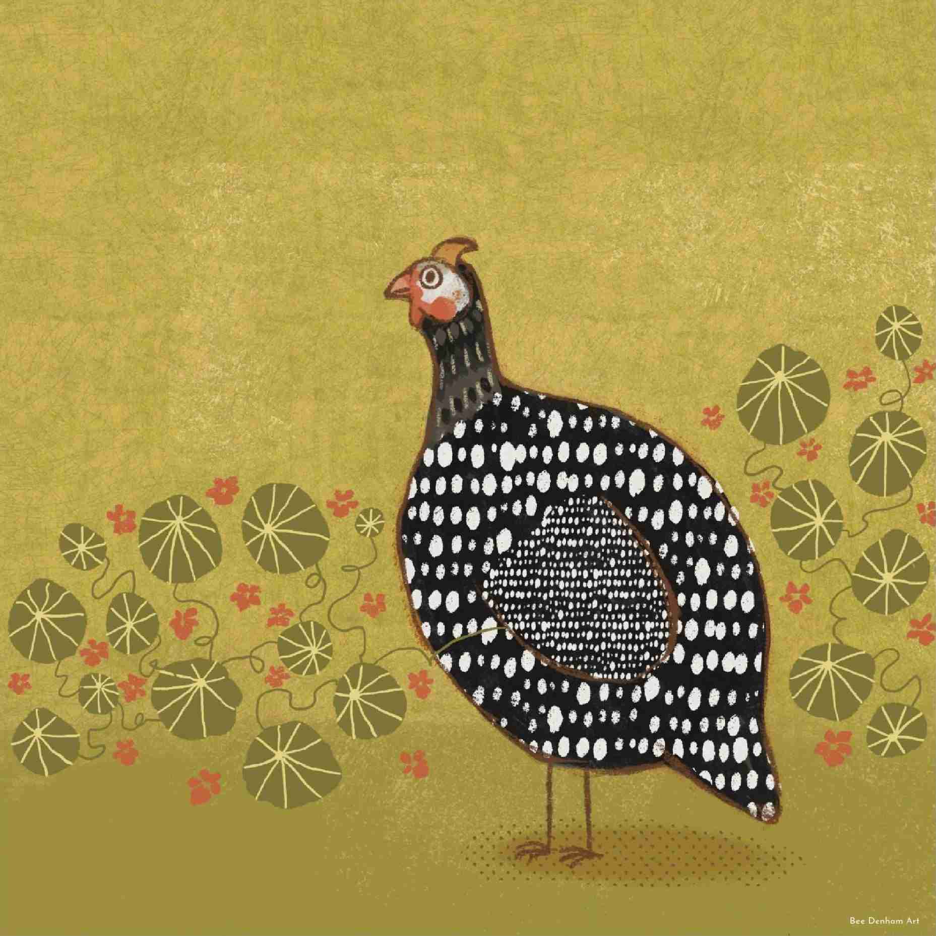 Guinea fowl print guinea fowl illustration with nasturtiums on a green background