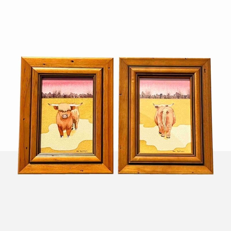 Two framed paintings of cute highland cows