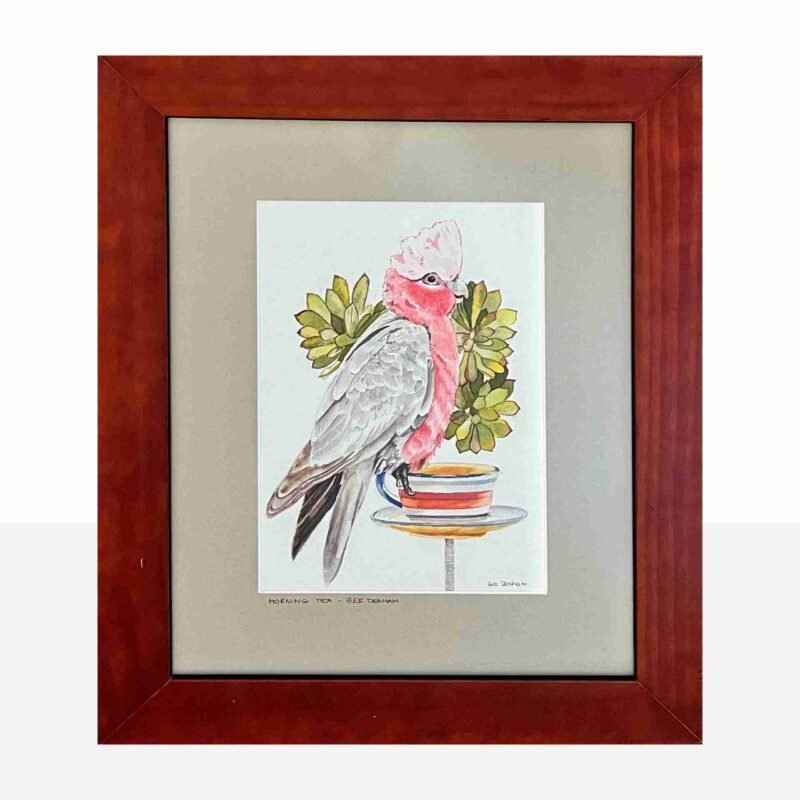 Original watercolour painting of a pink galah in a wooden frame