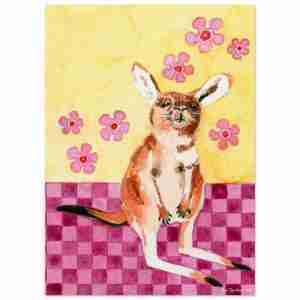 print of a kangaroo joey on a pink check floor with yellow background and pink flowers