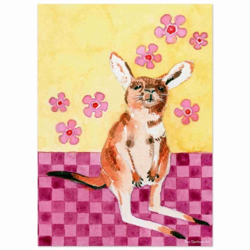 print of a kangaroo joey on a pink check floor with yellow background and pink flowers