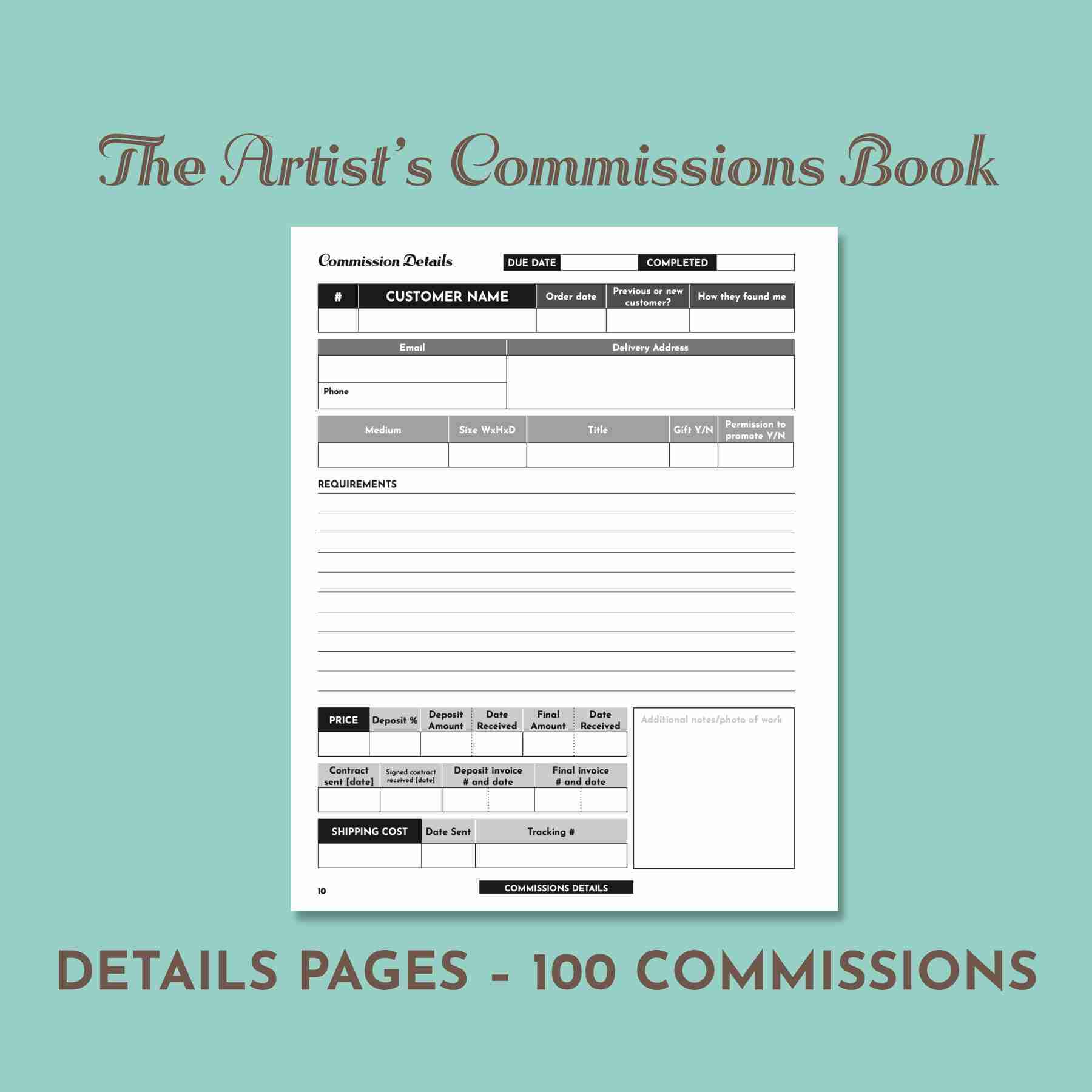 A+ Artists Commissions book DETAILS The Artist's Commissions Book showing the page to write information about your commission