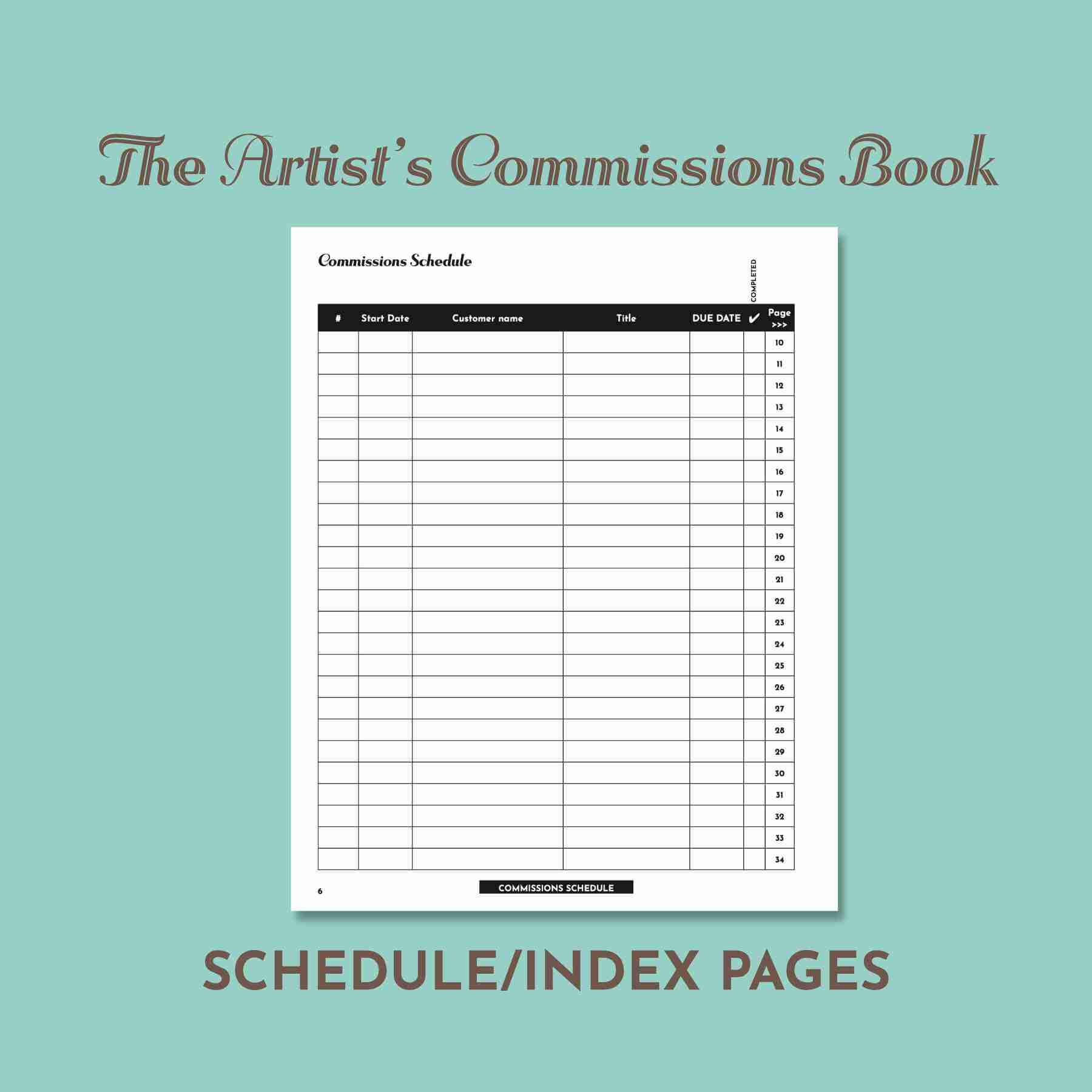 A+ Artists Commissions book SCHEDULE Index page of the Artist's Commissions Book