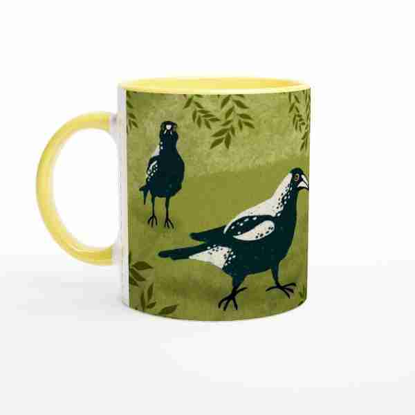Australian magpie bird lover gift mug with green grass illustration
