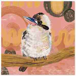 Kookaburra bird print with a digital drawing of a kookaburra against a warm abstract background