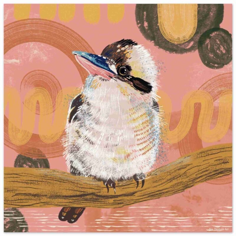 Kookaburra bird print with a digital drawing of a kookaburra against a warm abstract background