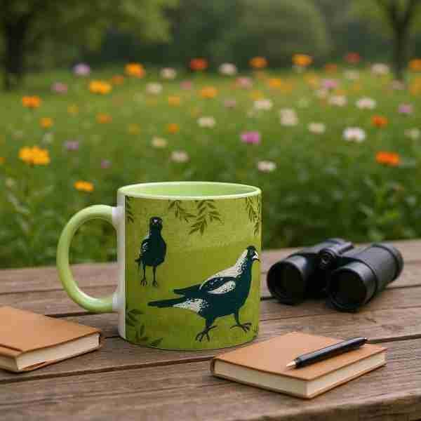 Coffee mug featuring Australian magpies, binoculars and a notebook