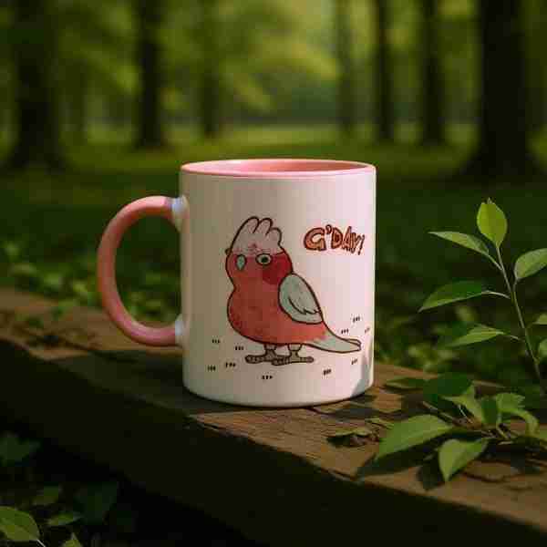 Woodland with a pink mug featuring a galah bird