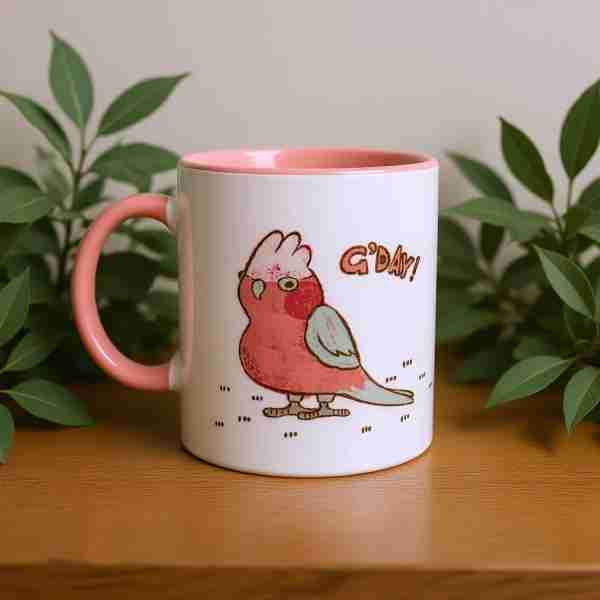 Shelf with leaves and a galah bird mug with pink colours