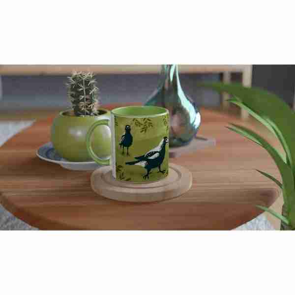 Australian magpies mug on a coffee table