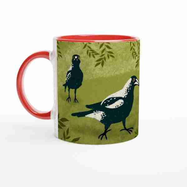 Unique bird art mug featuring iconic Australian magpies on a grassy scene