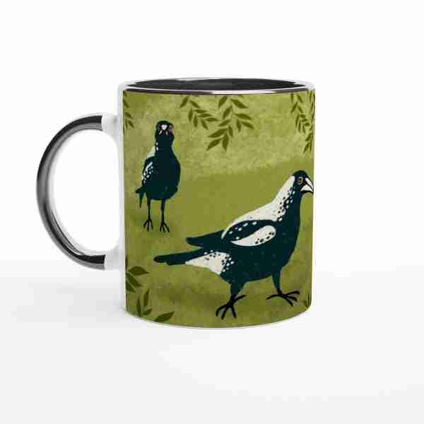 Green mug with Australian magpies design