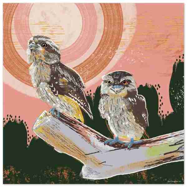 Tawny frogmouths bird art print with two frogmouths on a branch in front of a warm pink background