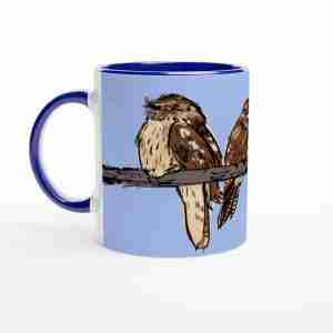 Blue mug with tawny frogmouths design