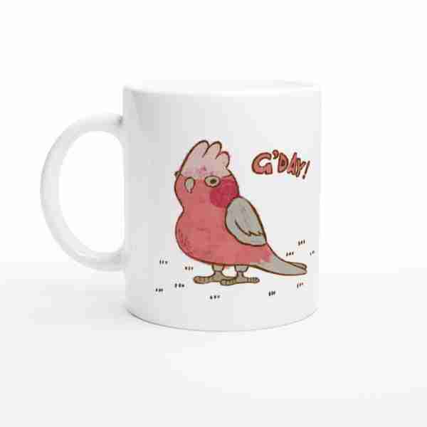 White mug with funny pink galah bird design