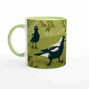 Australian magpies mug in a green colour