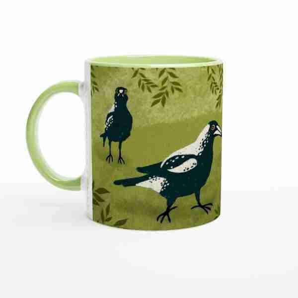 Australian magpies mug in a green colour