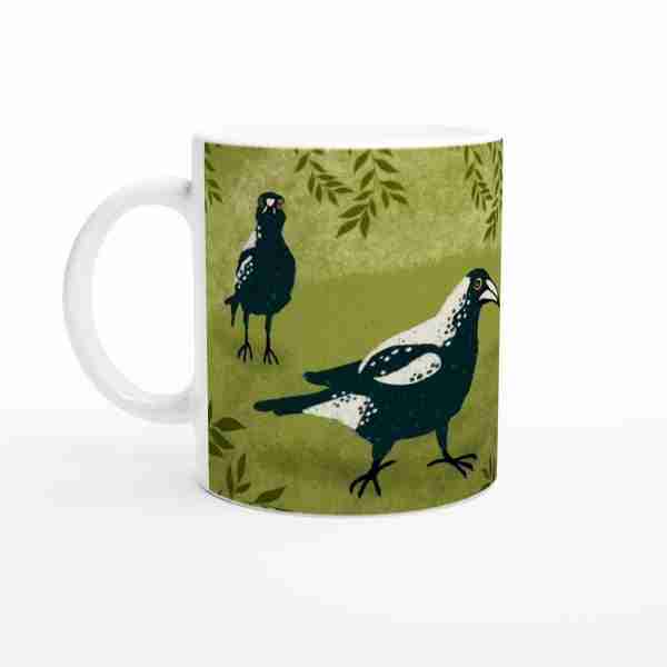 Coffee mug with Australian magpies illustration