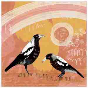 Australian magpies print with warm pink and orange colours