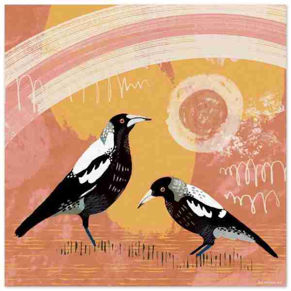 Australian magpies print with warm pink and orange colours