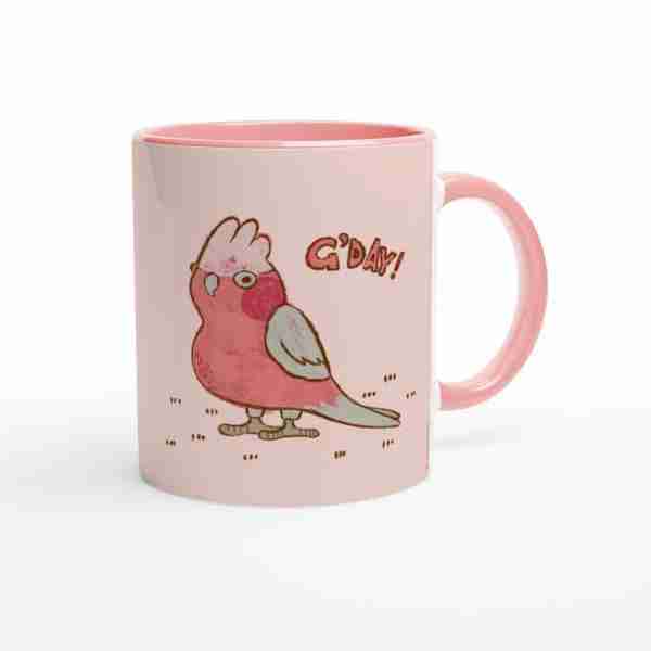 Australian galah cartoon with pink colours on a mug