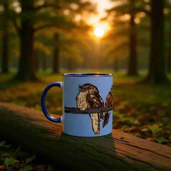 Tawny frogmouth mug in a sunset woodland