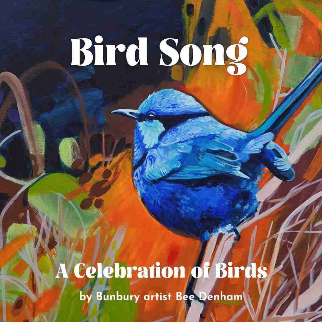 A painting of a blue wren with the title Bird Song