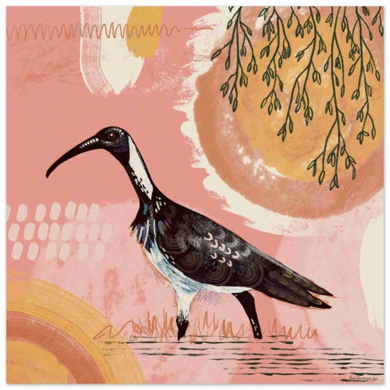Ibis art print with an ibis bird against a warm background