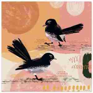 Willy wagtails art with two birds against a pink and orange background