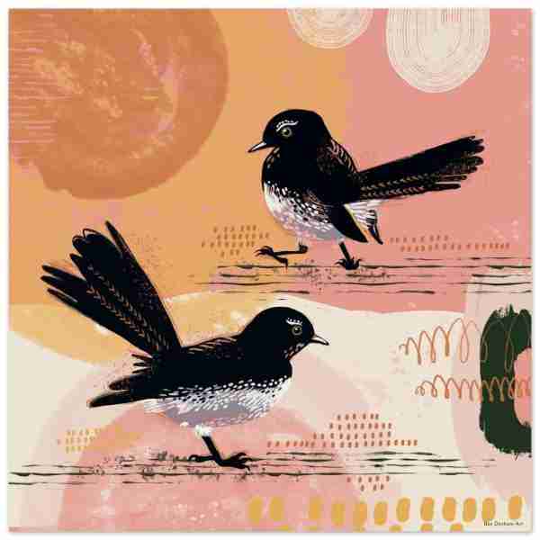 Willy wagtails art with two birds against a pink and orange background