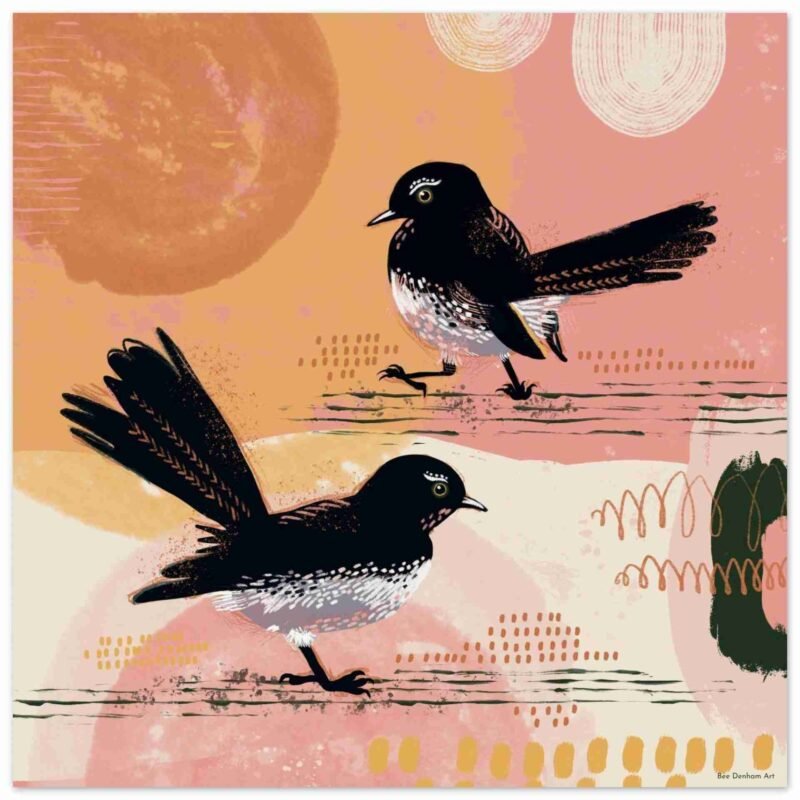 Willy wagtails art with two birds against a pink and orange background
