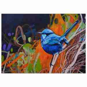 Blue wren art with a male wren on an abstract background