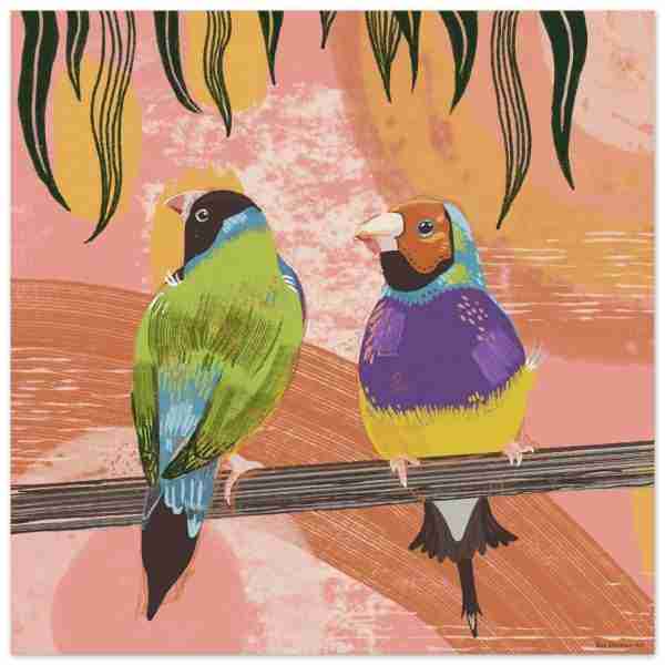 Gouldian Finches art with two finches against a pink and orange background