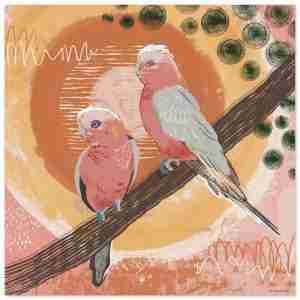 Pink galahs art - a couple of galahs on a branch against a warm coloured abstract background