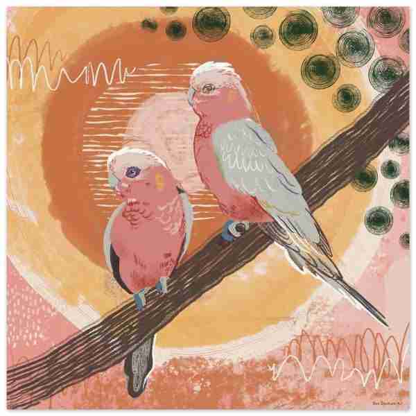 Pink galahs art - a couple of galahs on a branch against a warm coloured abstract background