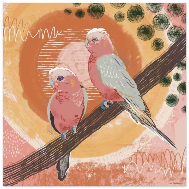 Pink galahs art - a couple of galahs on a branch against a warm coloured abstract background