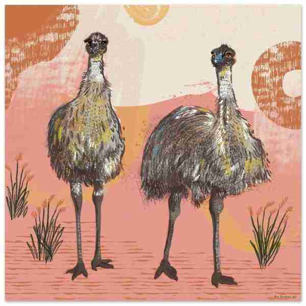 emu bird art with two emus on a pink and orange abstract background