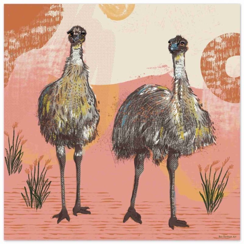 emu bird art with two emus on a pink and orange abstract background